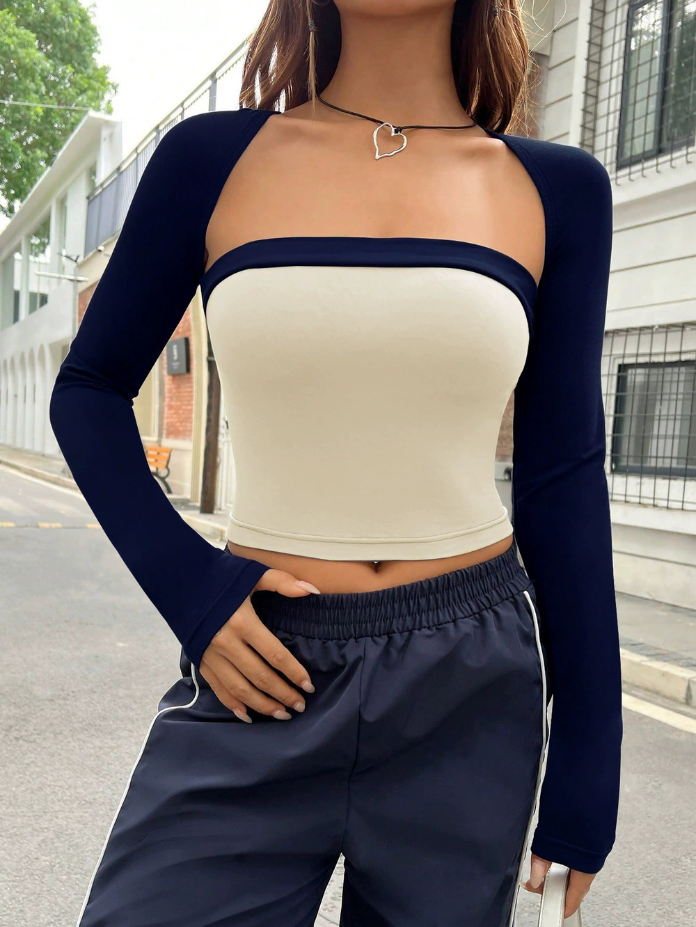 ZARA Sexy Color Block Off Shoulder Fitted Crop Top Long Sleeve